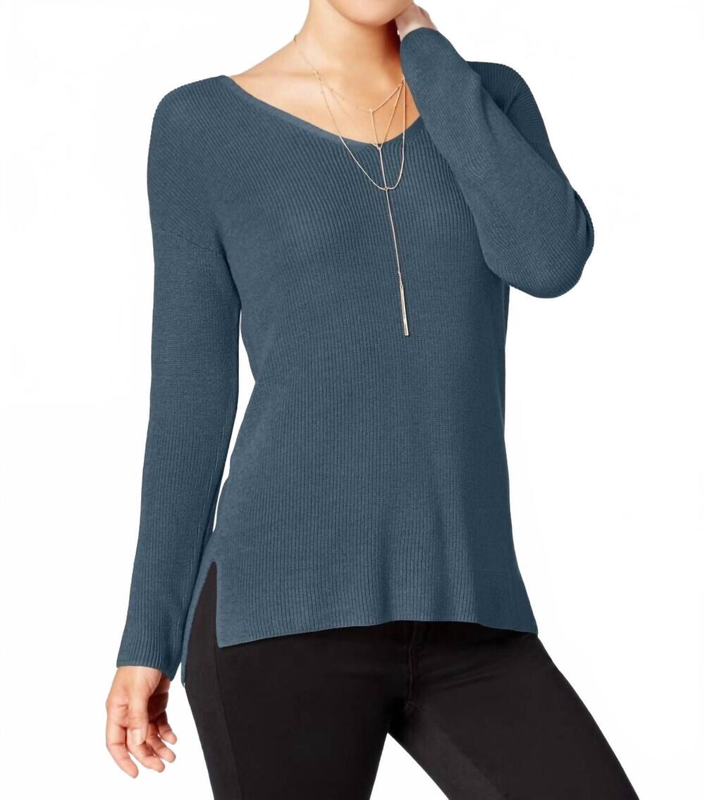 NEW HIPPIE ROSE activewear ribbed crisscross v back sweater in blue ash
